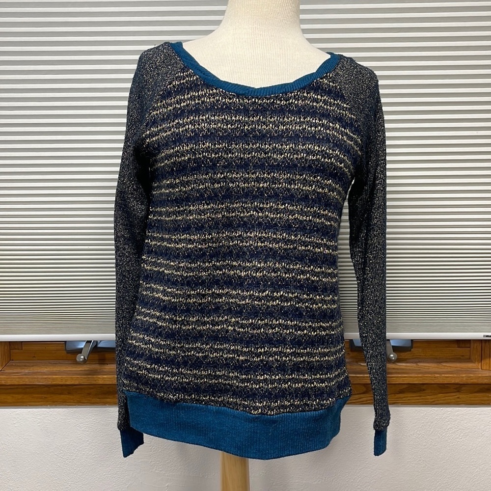 Miss Me Teal Blue Gold Sparkle Striped Twist Scoop Neck Sweater Size Small